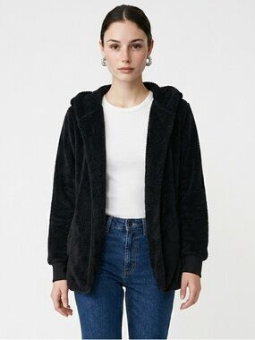 Black faux shearling open front cardigan jacket